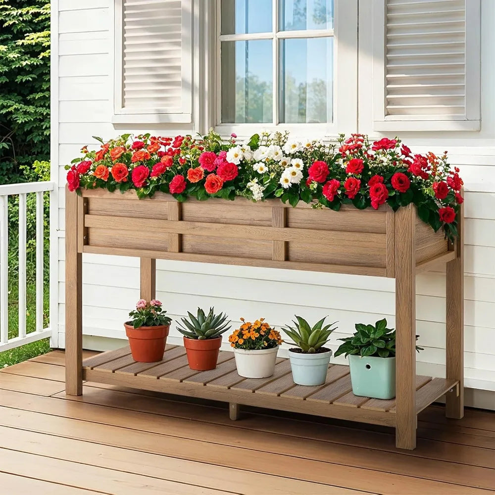 Outdoor Elevated Garden Bed with Storage Shelf and Drainage Holes