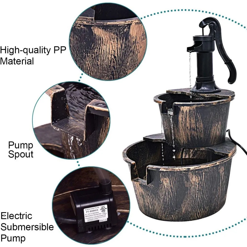 Outdoor Tiered Barrel Water Fountain for Garden Decor