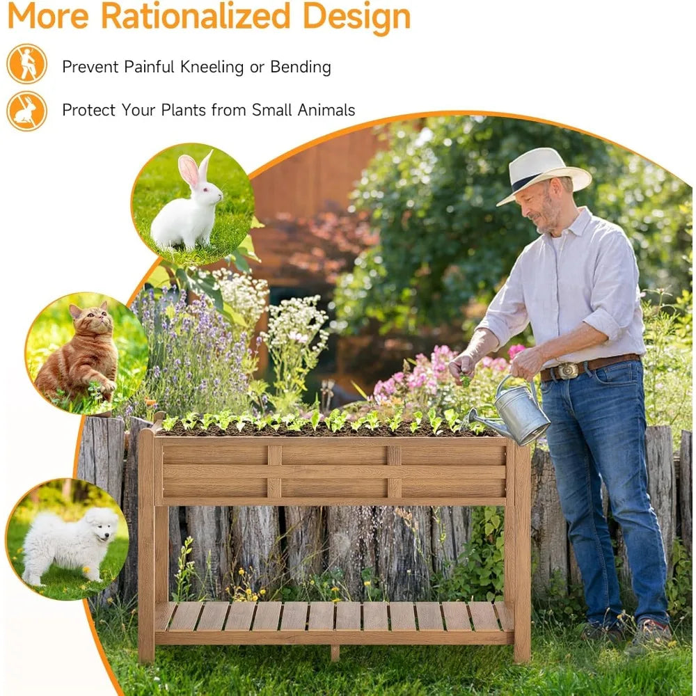 Outdoor Elevated Garden Bed with Storage Shelf and Drainage Holes