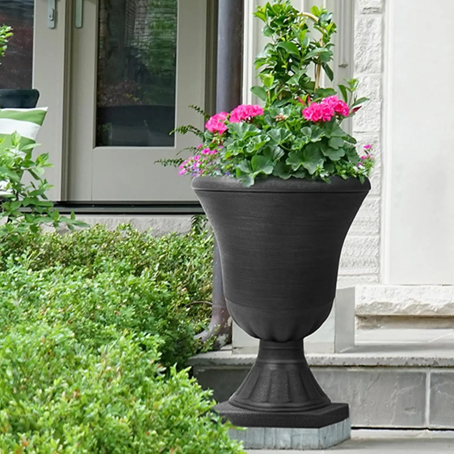 Classic Black Plastic Urn Planters for Outdoor Plants 2-Pack