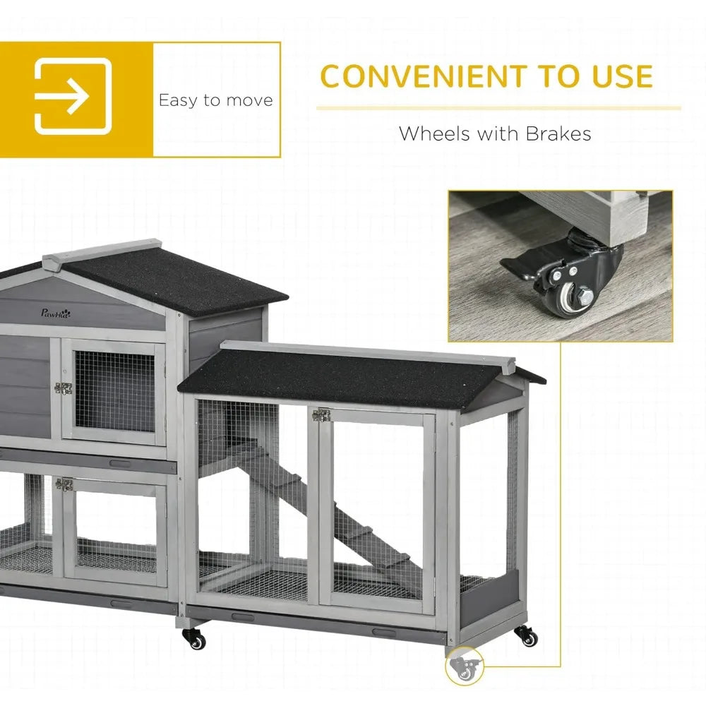Wooden Rabbit Hutch with Wheels and Removable Tray for Small Animals