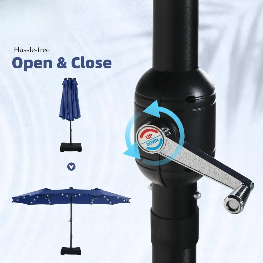 Double Sided Patio Umbrella with Solar Lights and Crank Handle