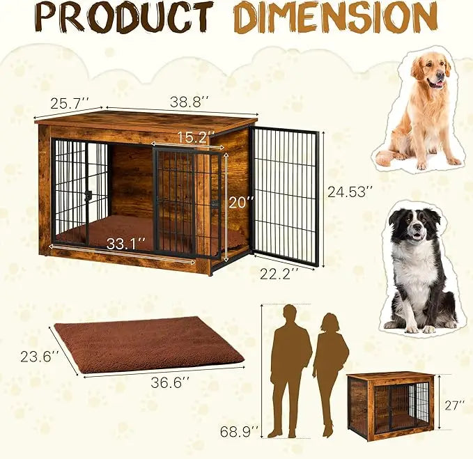 Dog Crate Furniture with Thick Cushion and Double Doors