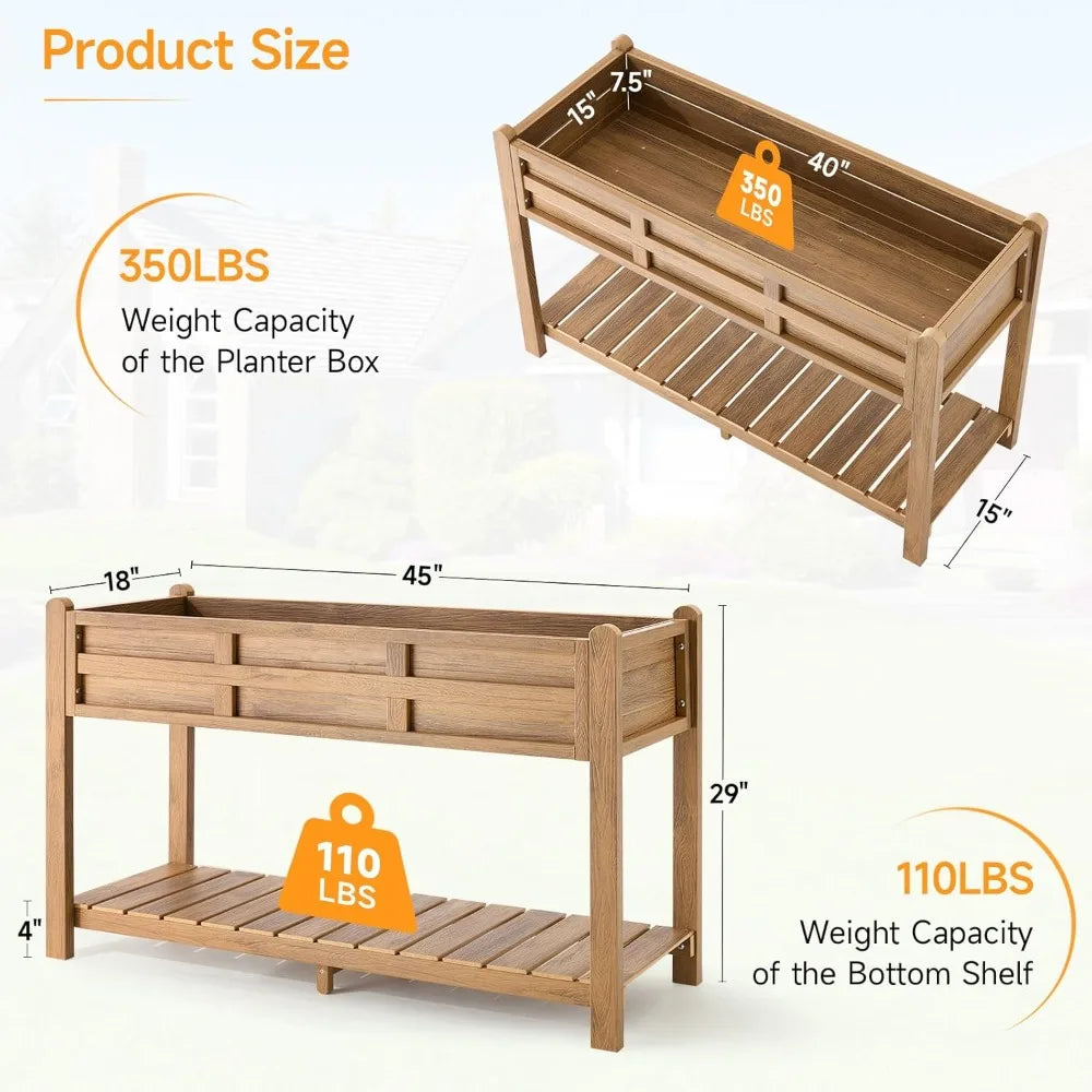 Outdoor Elevated Garden Bed with Storage Shelf and Drainage Holes