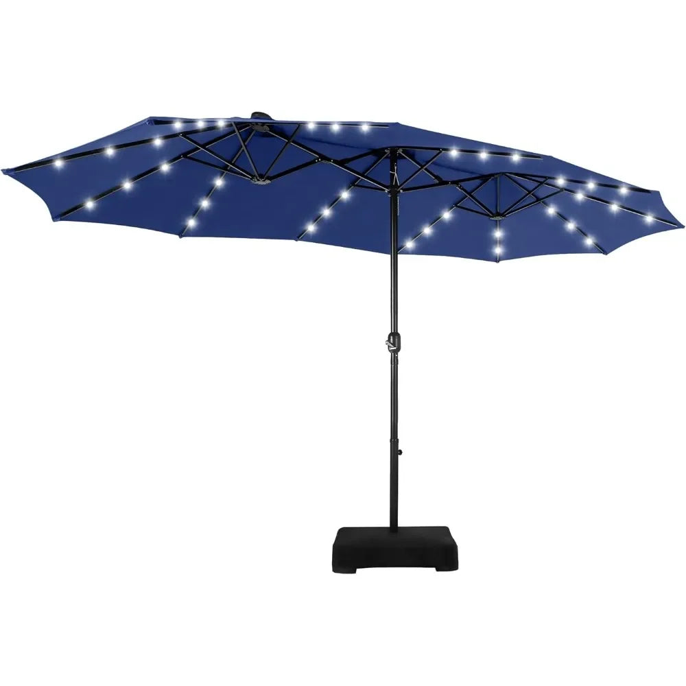 Double Sided Patio Umbrella with Solar Lights and Crank Handle