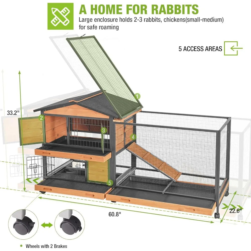 Chew-Resistant Metal Rabbit Hutch with Wheels and Leakproof Tray