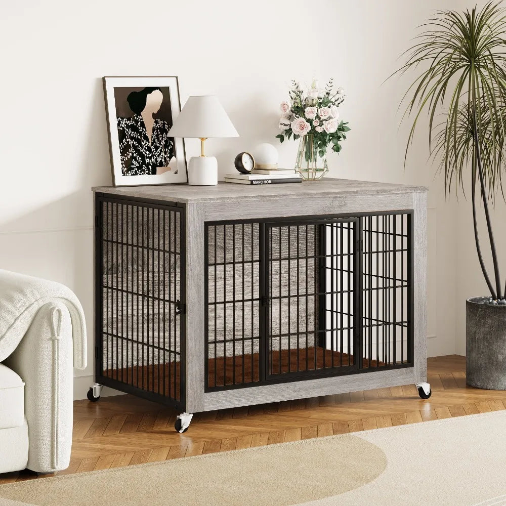 Elegant Wooden Dog Crate Furniture with Cushioned Comfort