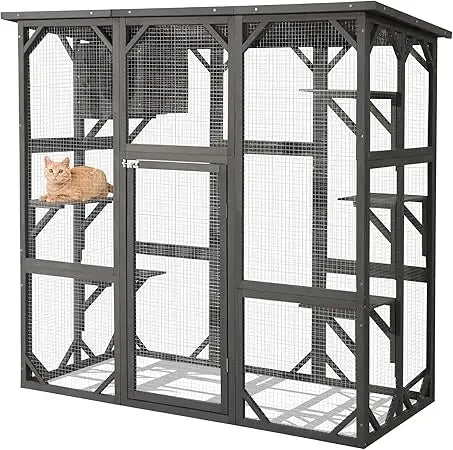 Outdoor Wooden Cat House with Weatherproof Enclosure for Active Cats