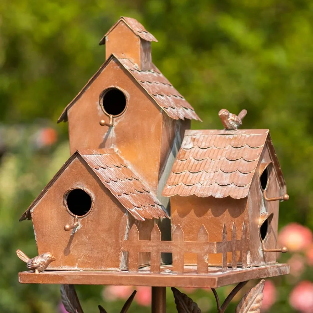 Copper Colored Multi-Birdhouse Stakes for Four Bird Families