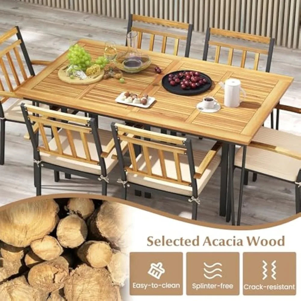 Modern Acacia Wood Patio Dining Set with Cushions and Umbrella Hole