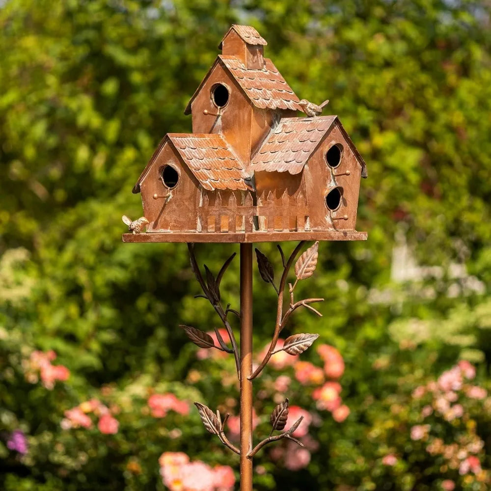 Copper Colored Multi-Birdhouse Stakes for Four Bird Families