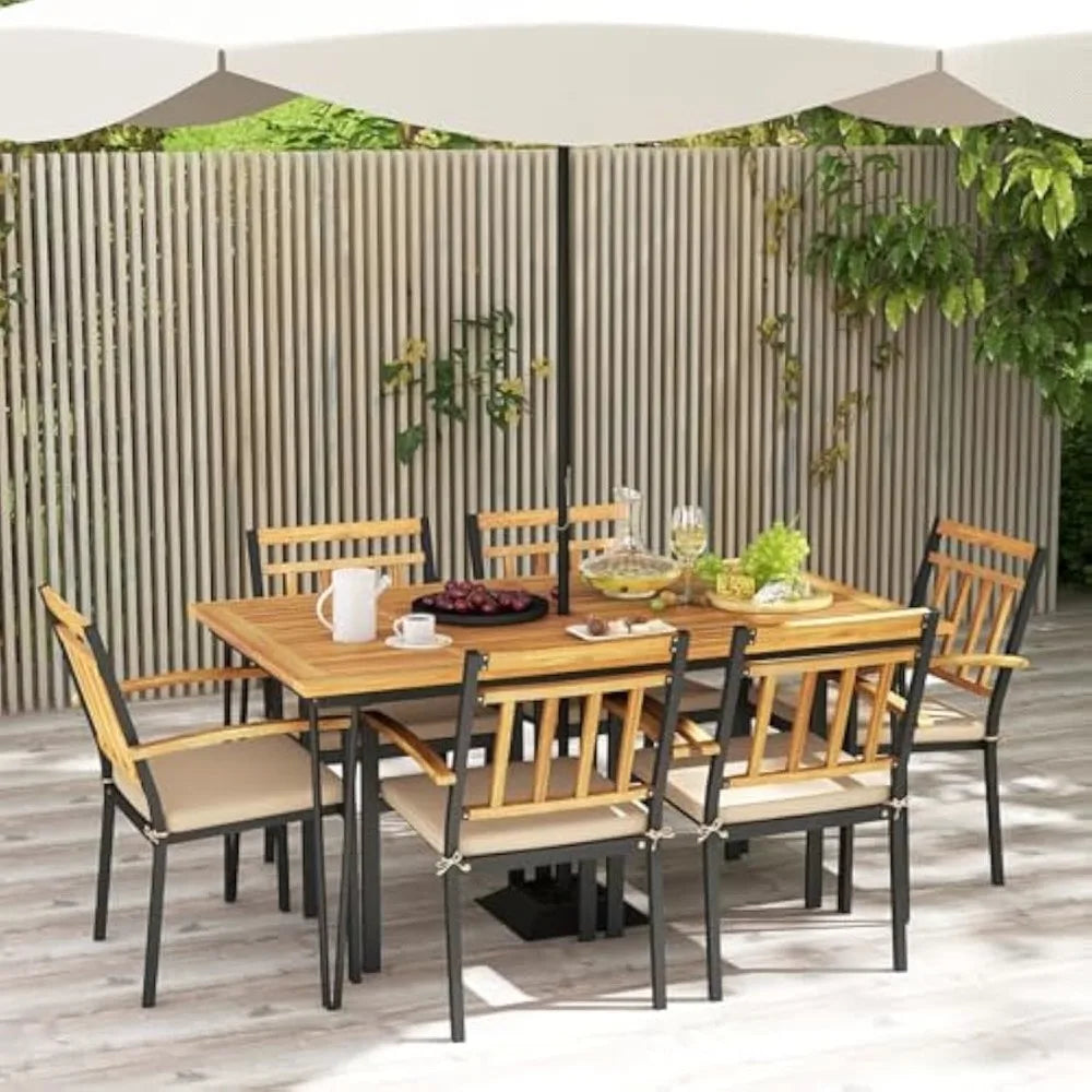 Modern Acacia Wood Patio Dining Set with Cushions and Umbrella Hole