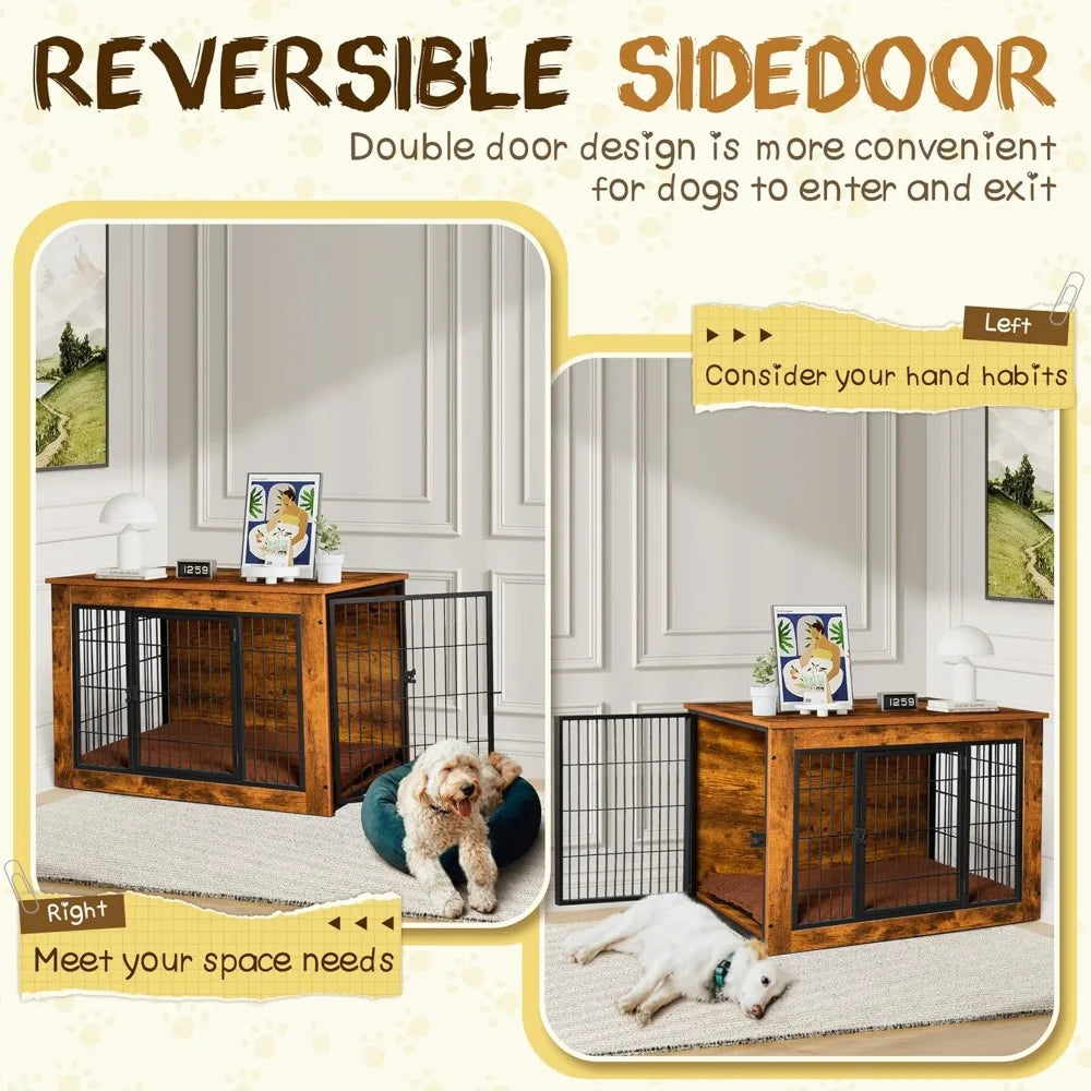 Dog Crate Furniture with Thick Cushion and Double Doors