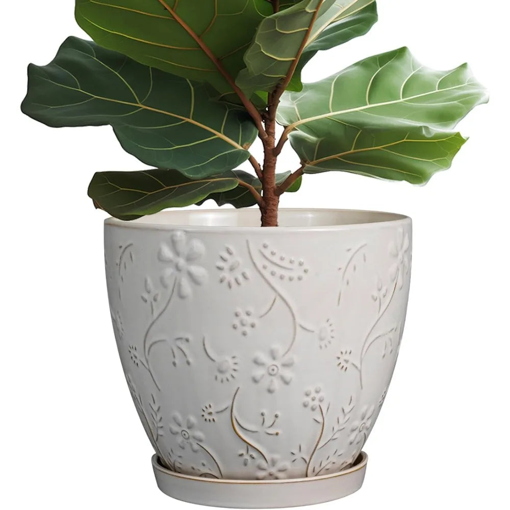 Large Round Ceramic Planter Pot with Drainage Hole and Saucer