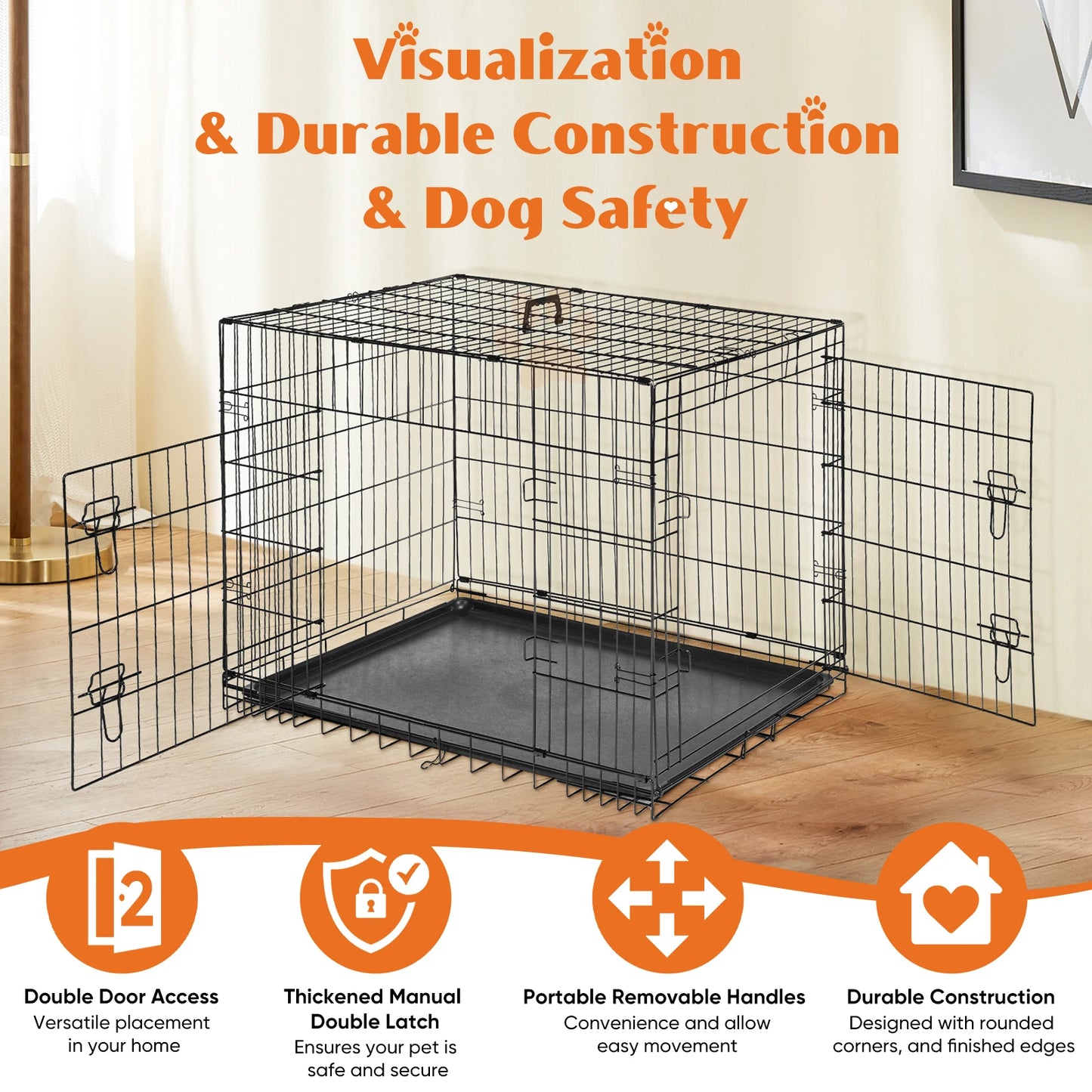 JHK Double Door Folding Dog Cage with Leak-Proof Tray