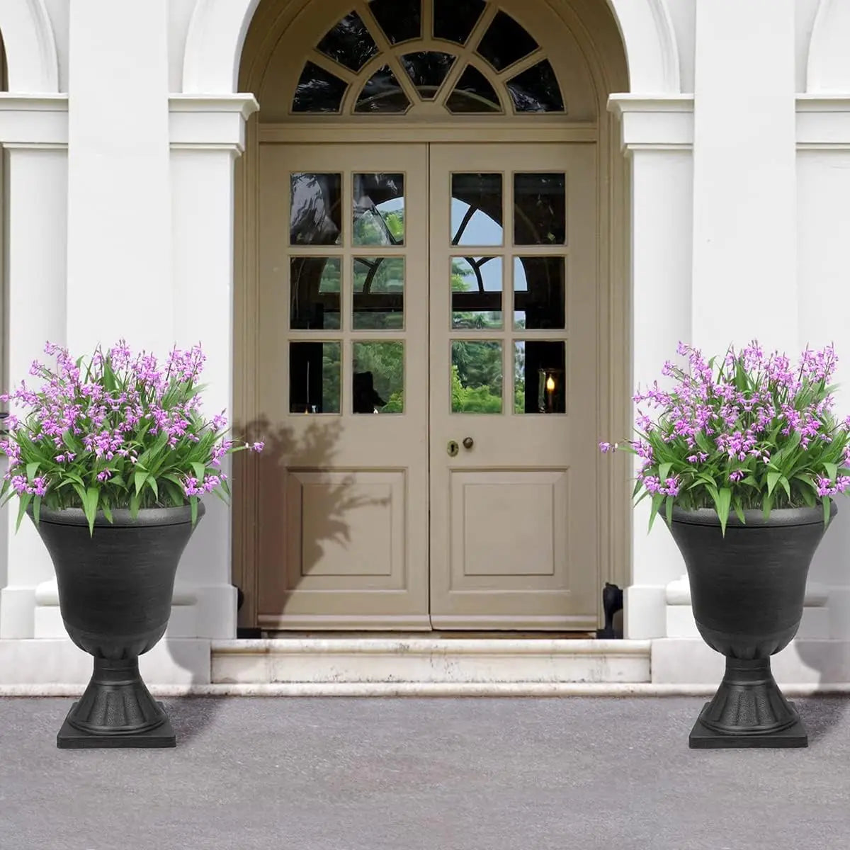 Classic Black Plastic Urn Planters for Outdoor Plants 2-Pack