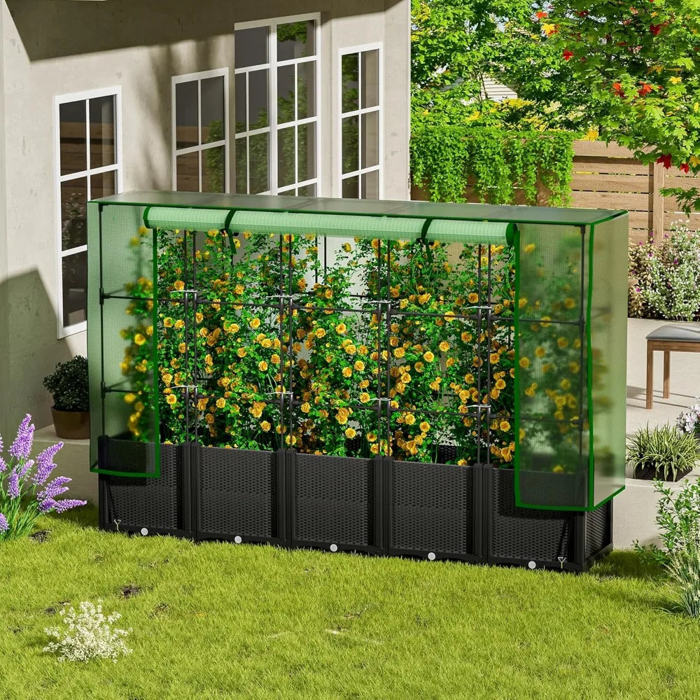 Plastic Raised Garden Bed with Greenhouse Cover and Trellis