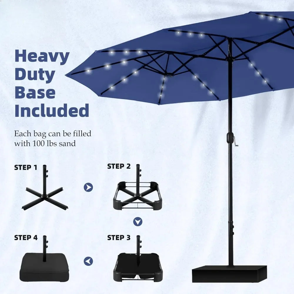 Double Sided Patio Umbrella with Solar Lights and Crank Handle