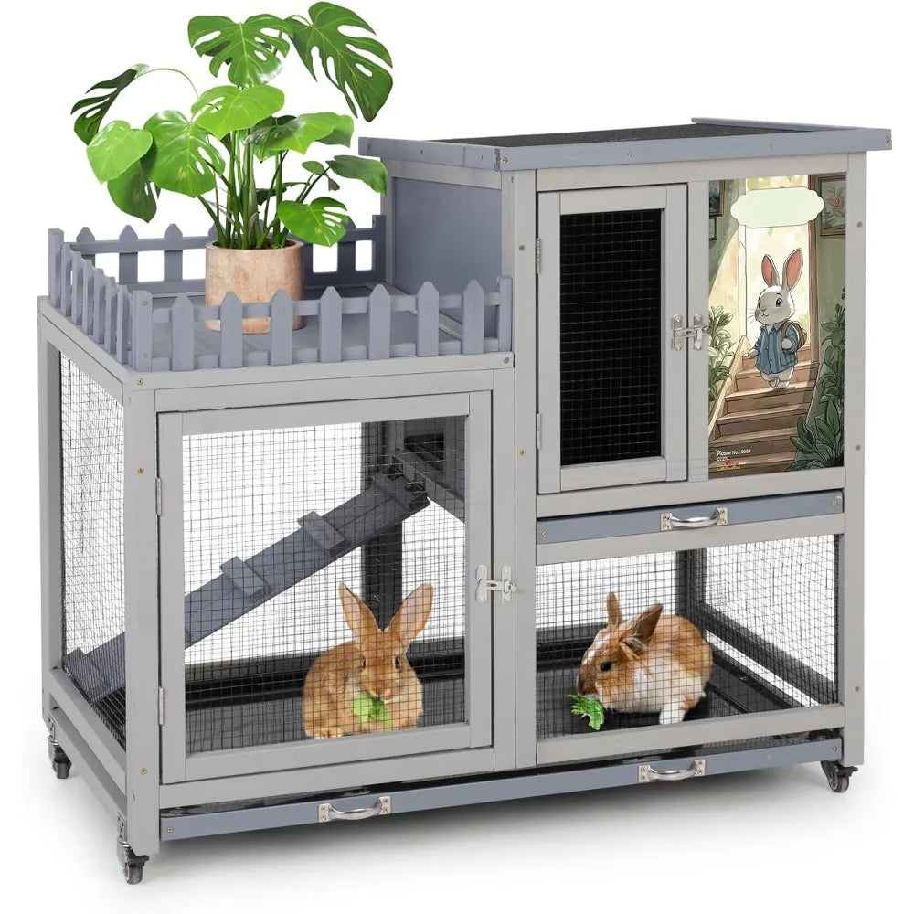 Durable Double Layer Rabbit Hutch with Wheels for Indoor Use