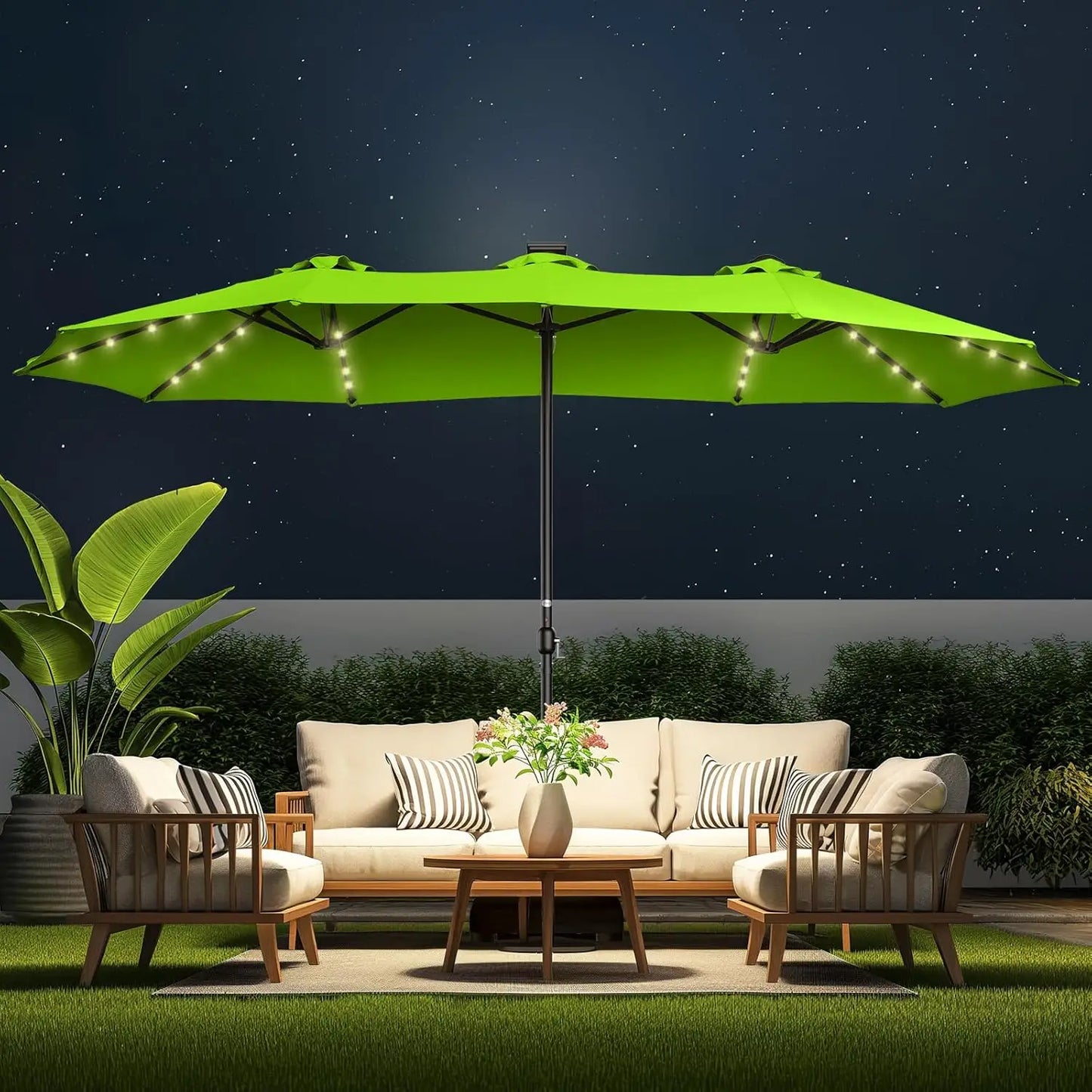 Double Sided Patio Umbrella with Solar Lights for Outdoor Enjoyment
