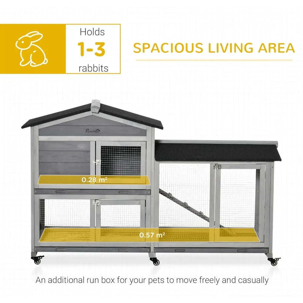 Wooden Rabbit Hutch with Wheels and Removable Tray for Small Animals