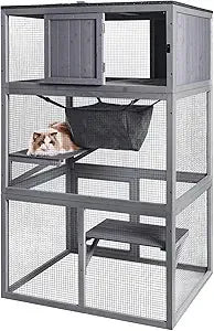 X-ZONE Pet Catio Wooden Cat House with Hammock and Resting Box