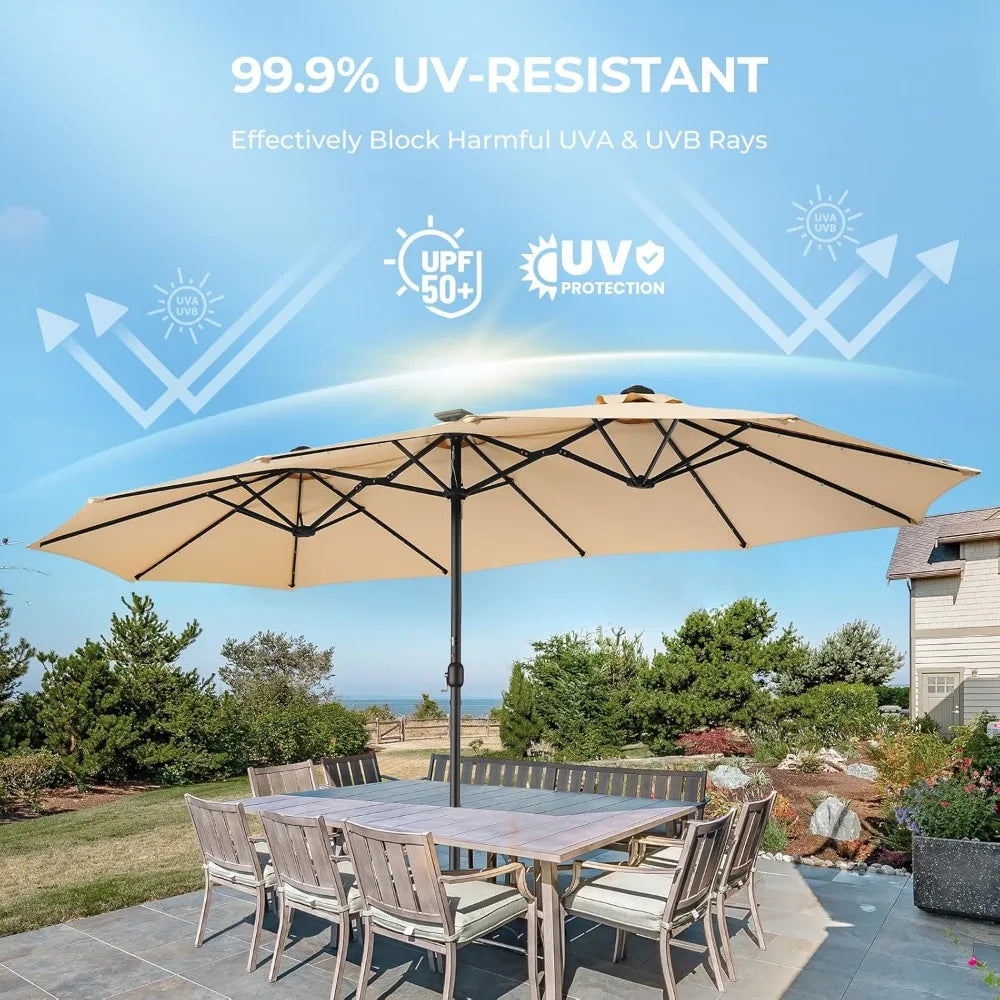 Double Sided Patio Umbrella with Solar Lights for Outdoor Enjoyment