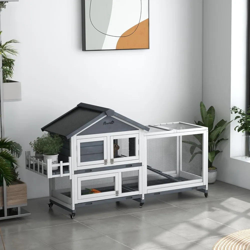 Wooden Rabbit Hutch with Openable Roof and Storage Box