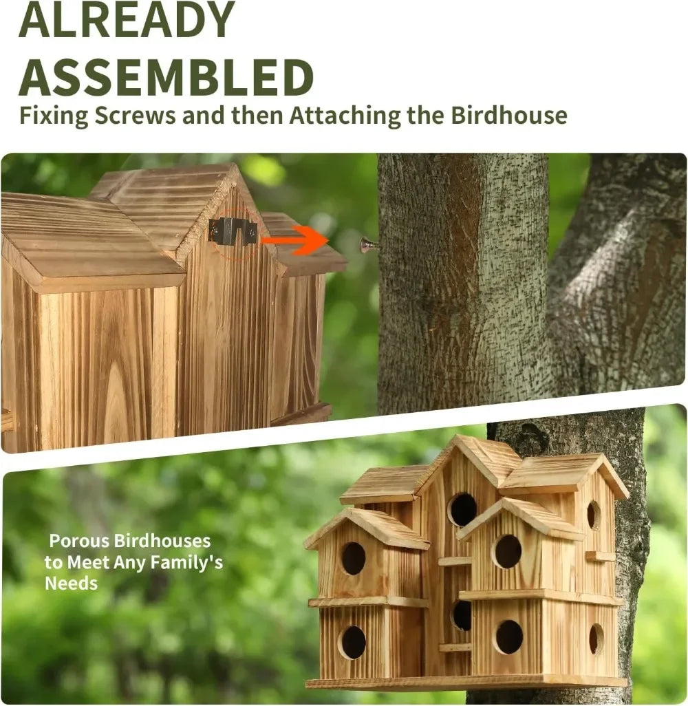 Large Wooden Bird House for 10 Families Outdoor Garden Decor