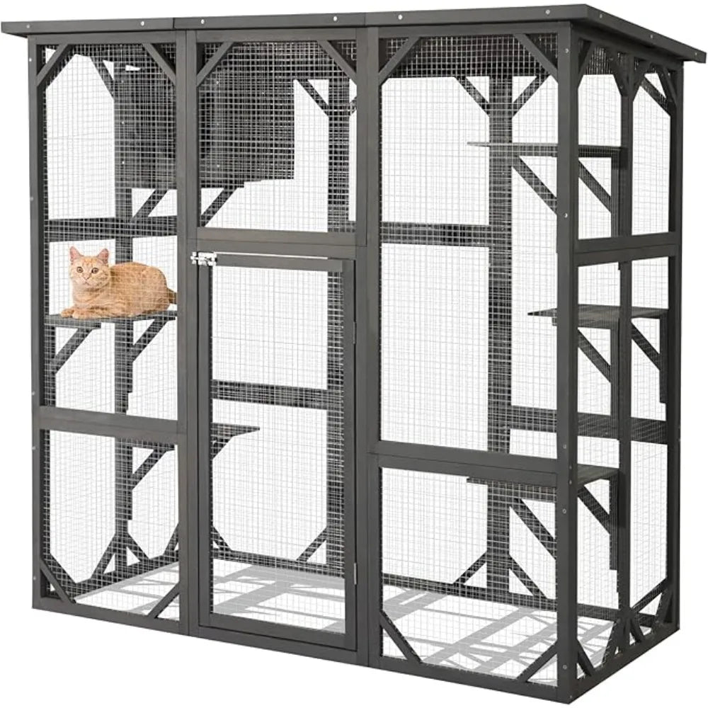 Outdoor Wooden Cat House with Weatherproof Enclosure for Active Cats
