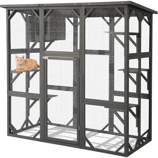 Outdoor Wooden Cat House with Weatherproof Enclosure for Active Cats