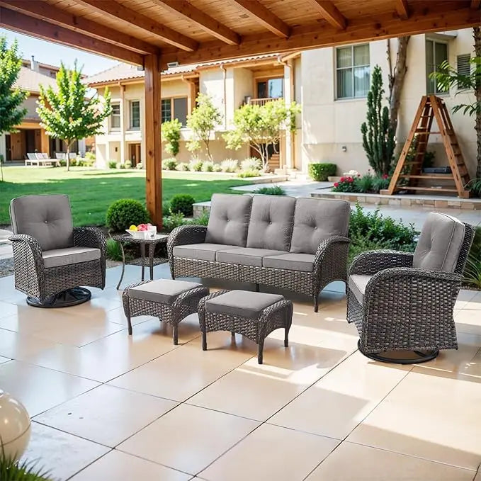 Modern Wicker Patio Conversation Set with Swivel Rocker Chairs