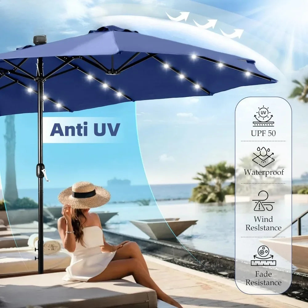 Double Sided Patio Umbrella with Solar Lights and Crank Handle