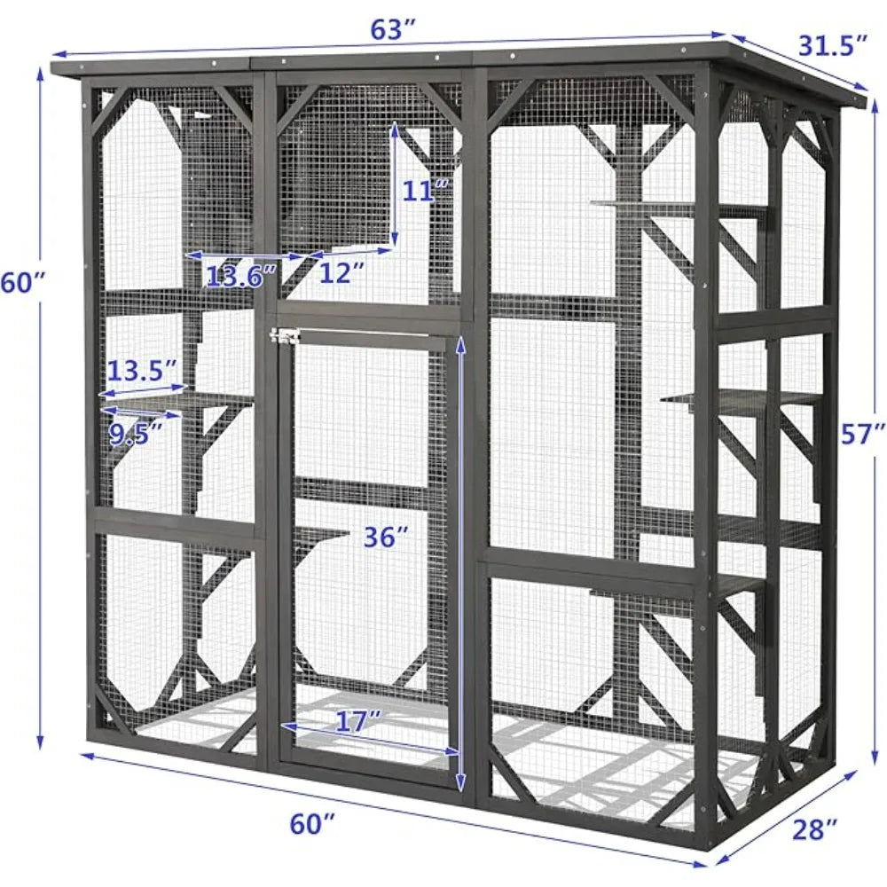 Outdoor Wooden Cat House with Weatherproof Enclosure for Active Cats