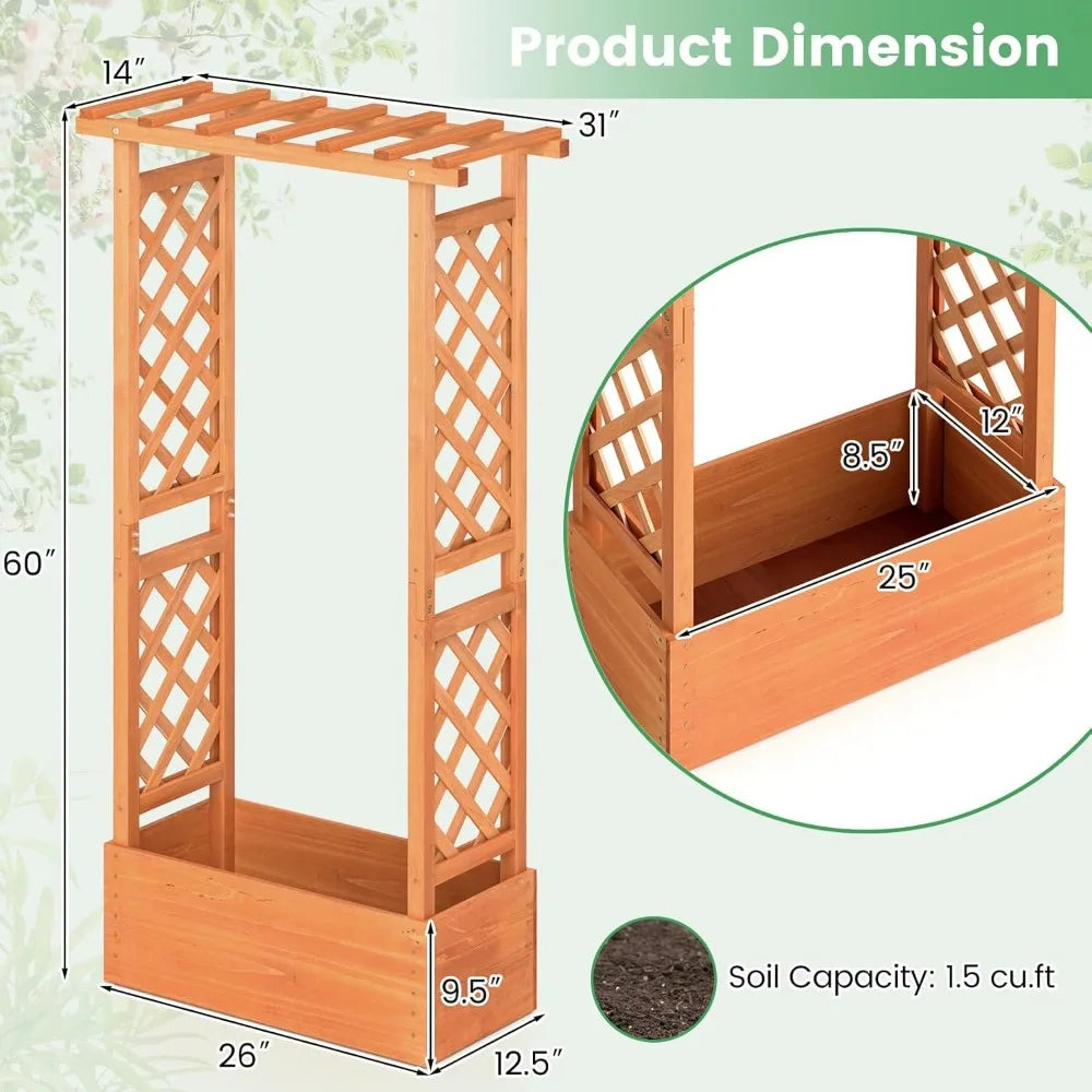 Elevated Raised Garden Bed with Trellis and Drainage Features