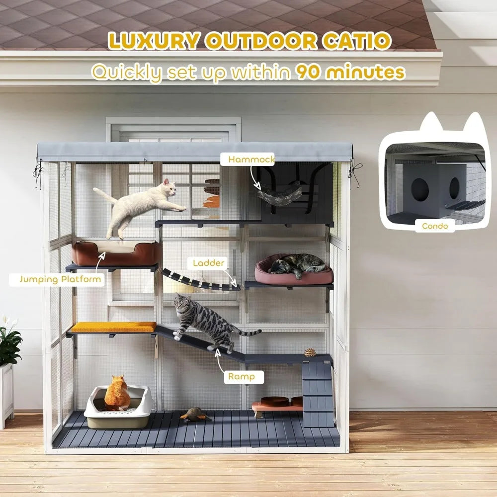 Luxury Outdoor Cat Enclosure with Hammock and Jump Platforms