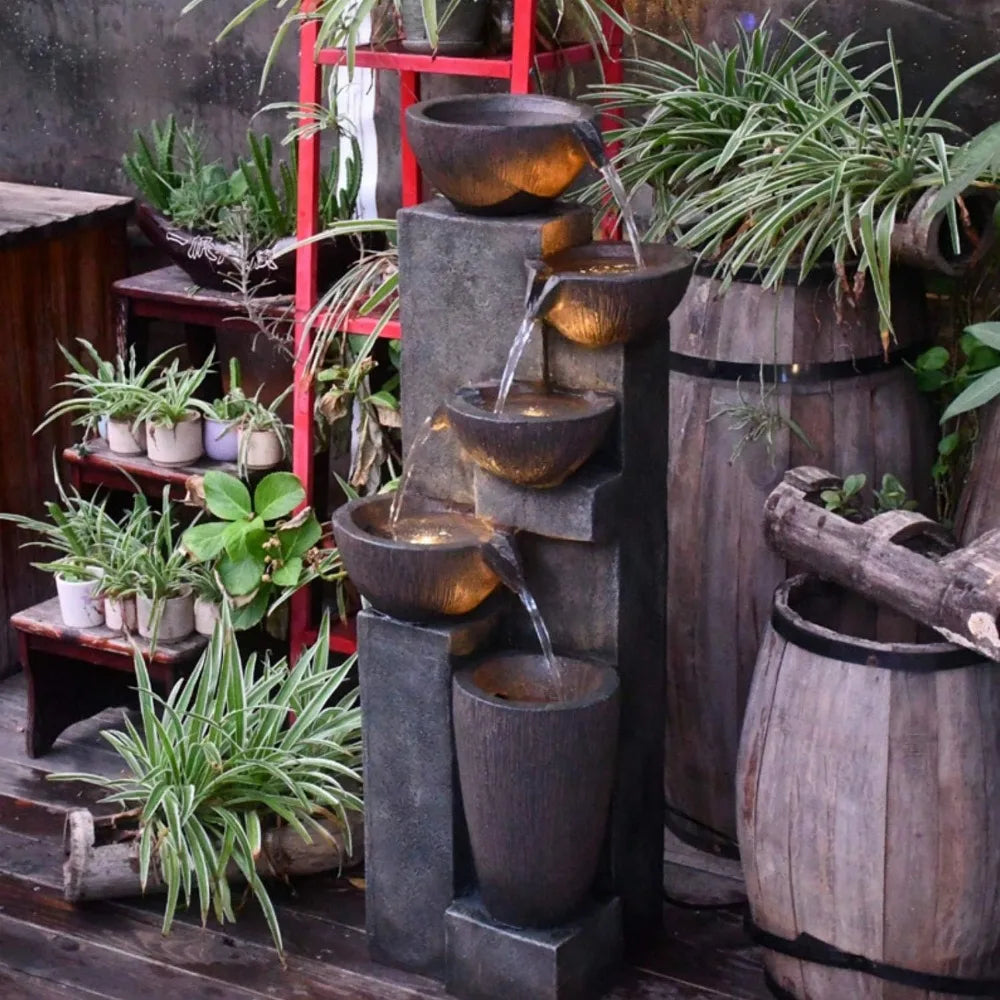 Outdoor Resin Water Fountain with LED Lighting for Garden Decor