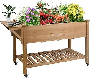 Elevated Wooden Planter Box with Lockable Wheels for Gardens