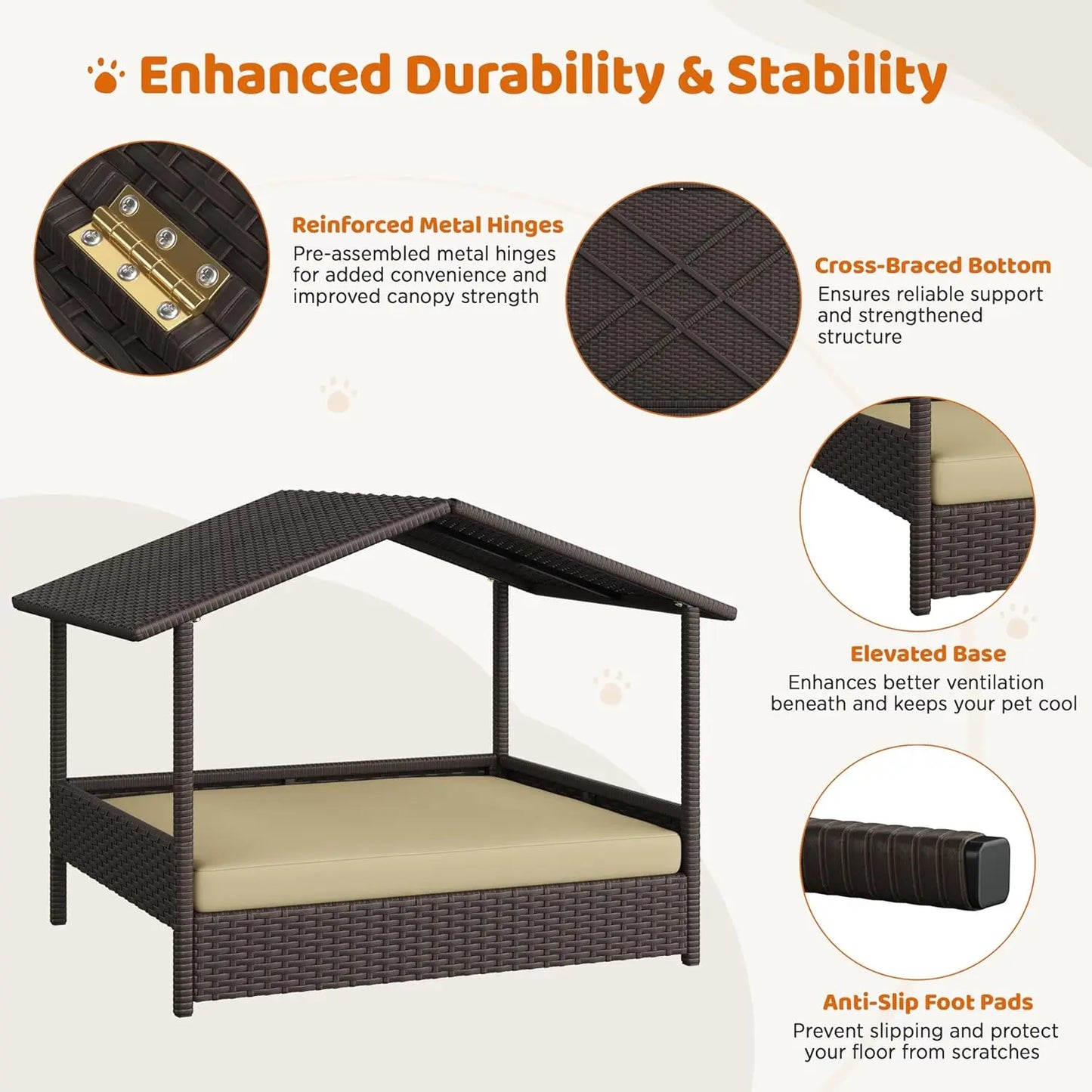 Wicker Dog House with Canopy and Elevated Cushion Shelter