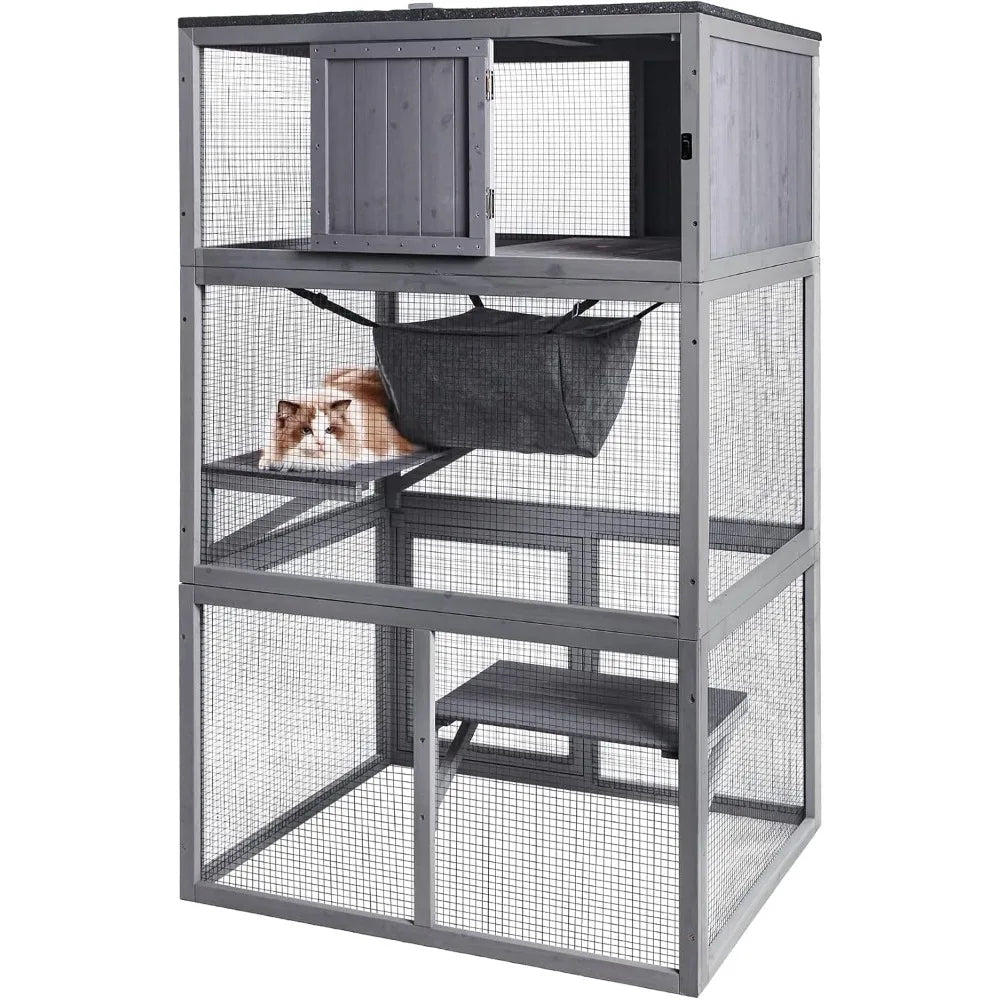 X-ZONE Pet Catio Wooden Cat House with Hammock and Resting Box
