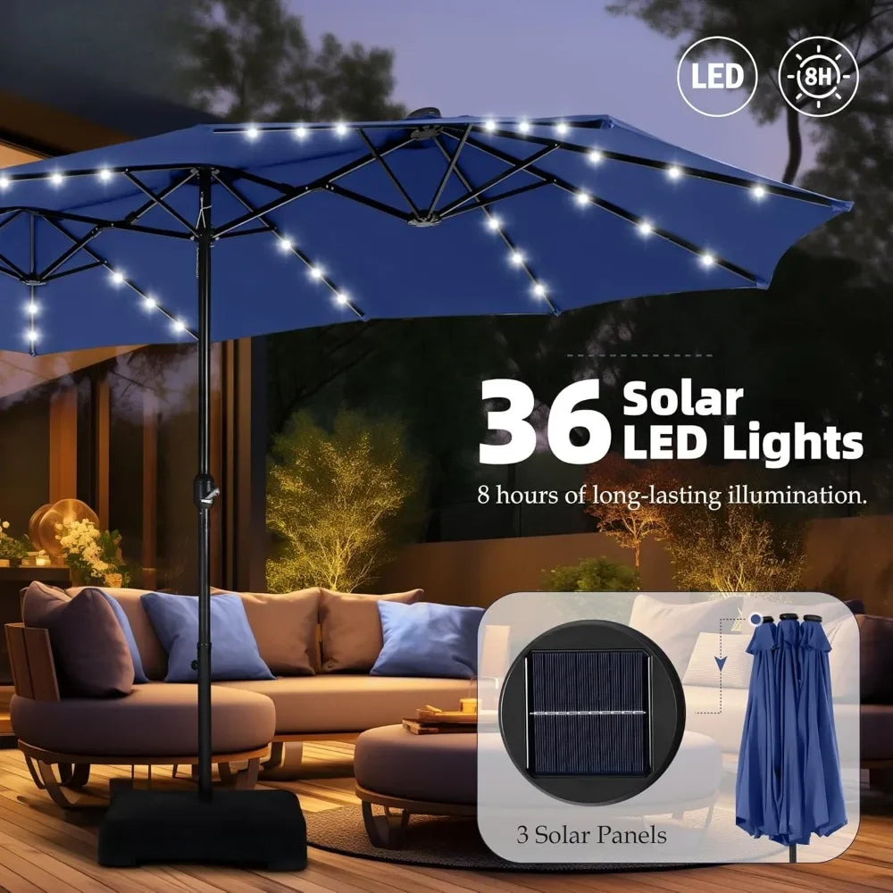 Double Sided Patio Umbrella with Solar Lights and Crank Handle