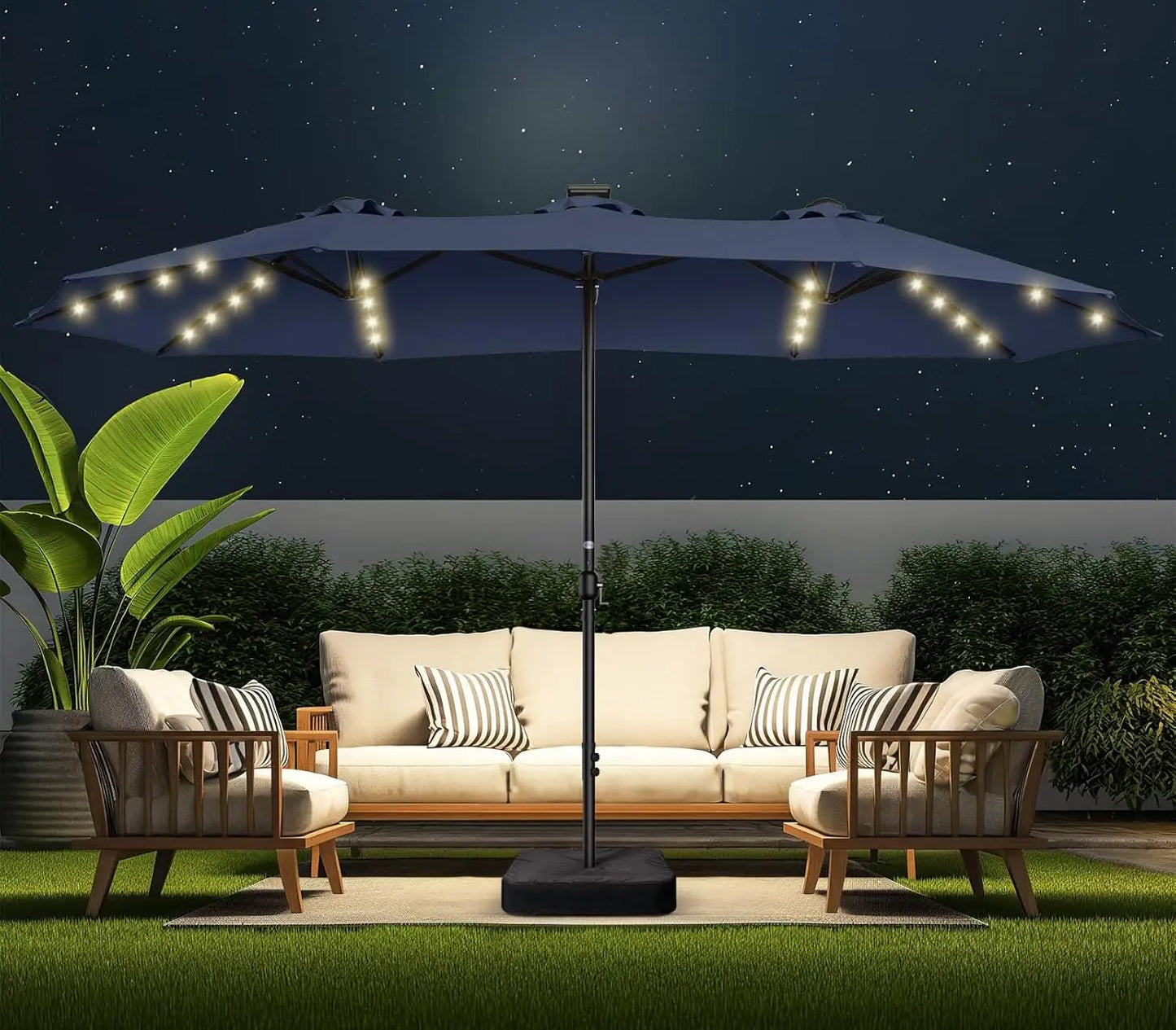 Double Sided Patio Umbrella with Solar Lights for Outdoor Enjoyment
