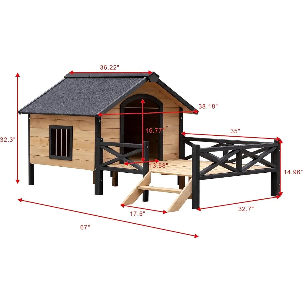 Outdoor Wooden Dog Kennel with Porch and Window Cabin Style