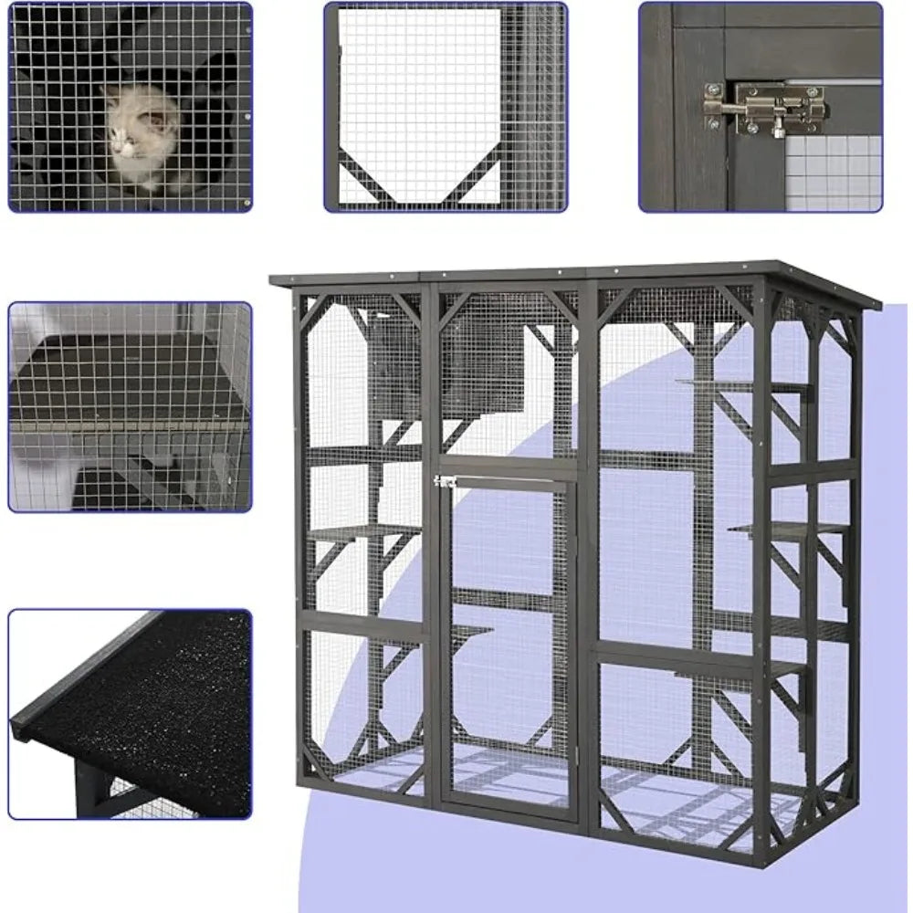 Outdoor Wooden Cat House with Weatherproof Enclosure for Active Cats
