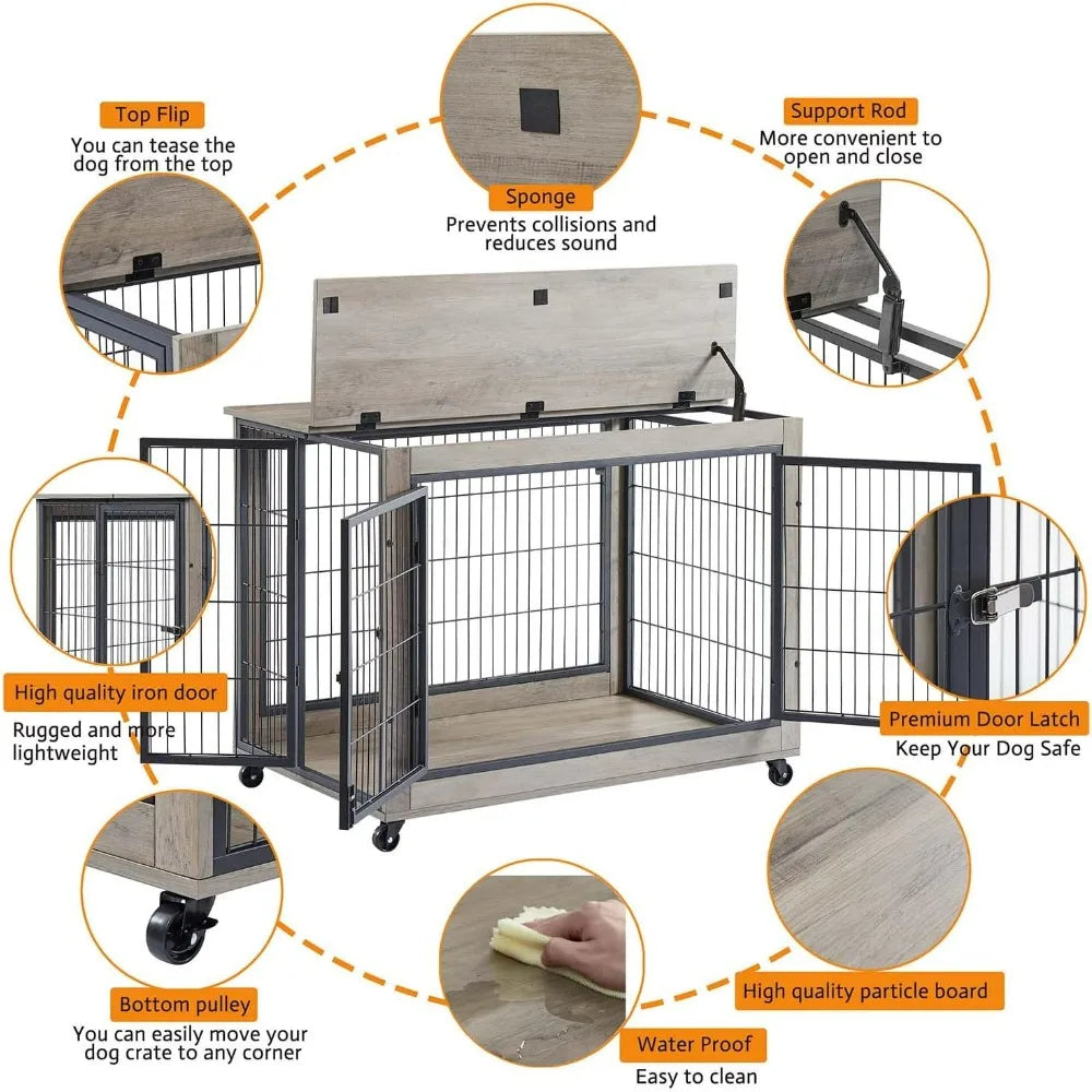 Elegant Wooden Dog Crate Furniture with Top Opening and Wheels