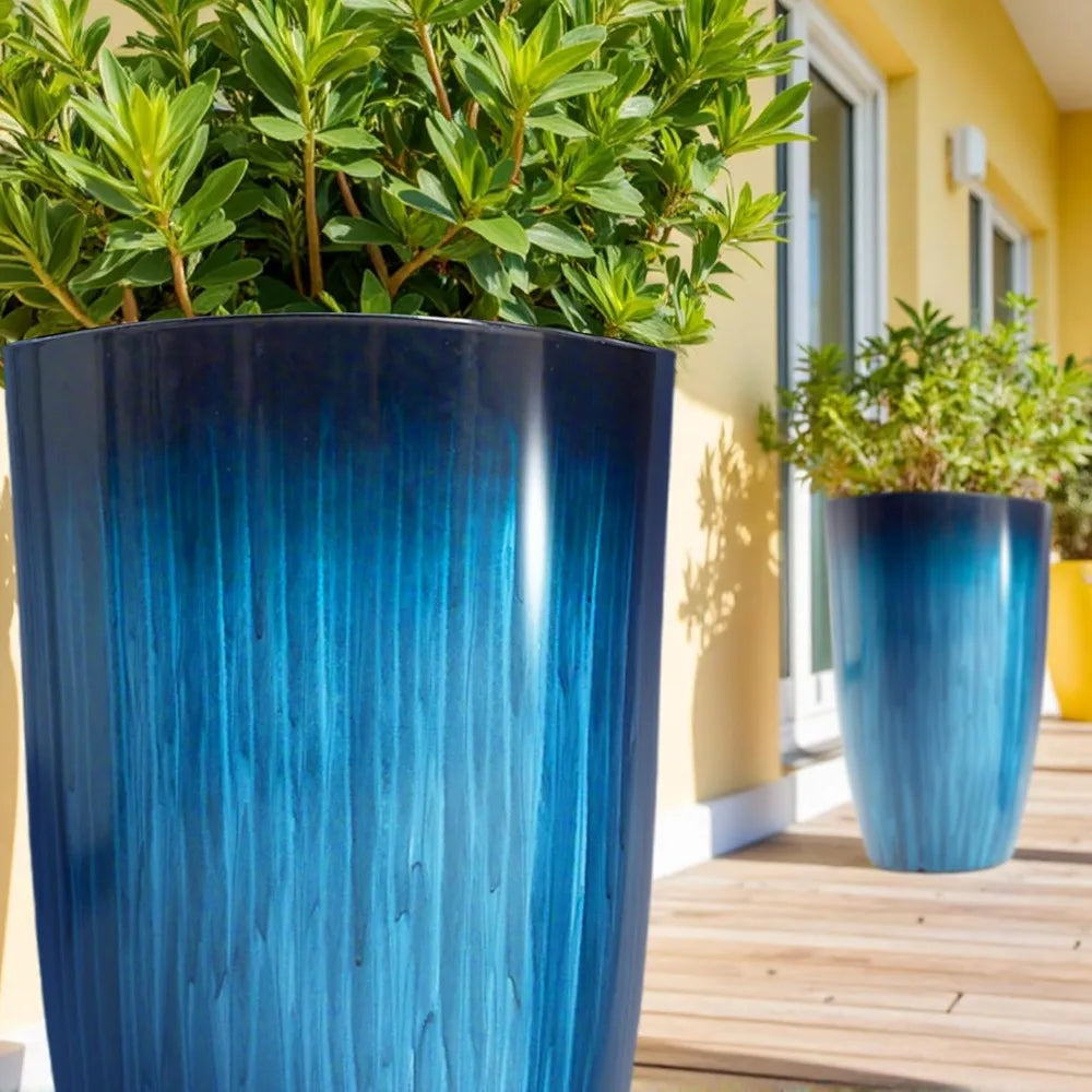 Set of 2 Gradient Blue Glossy Tall Plant Pots