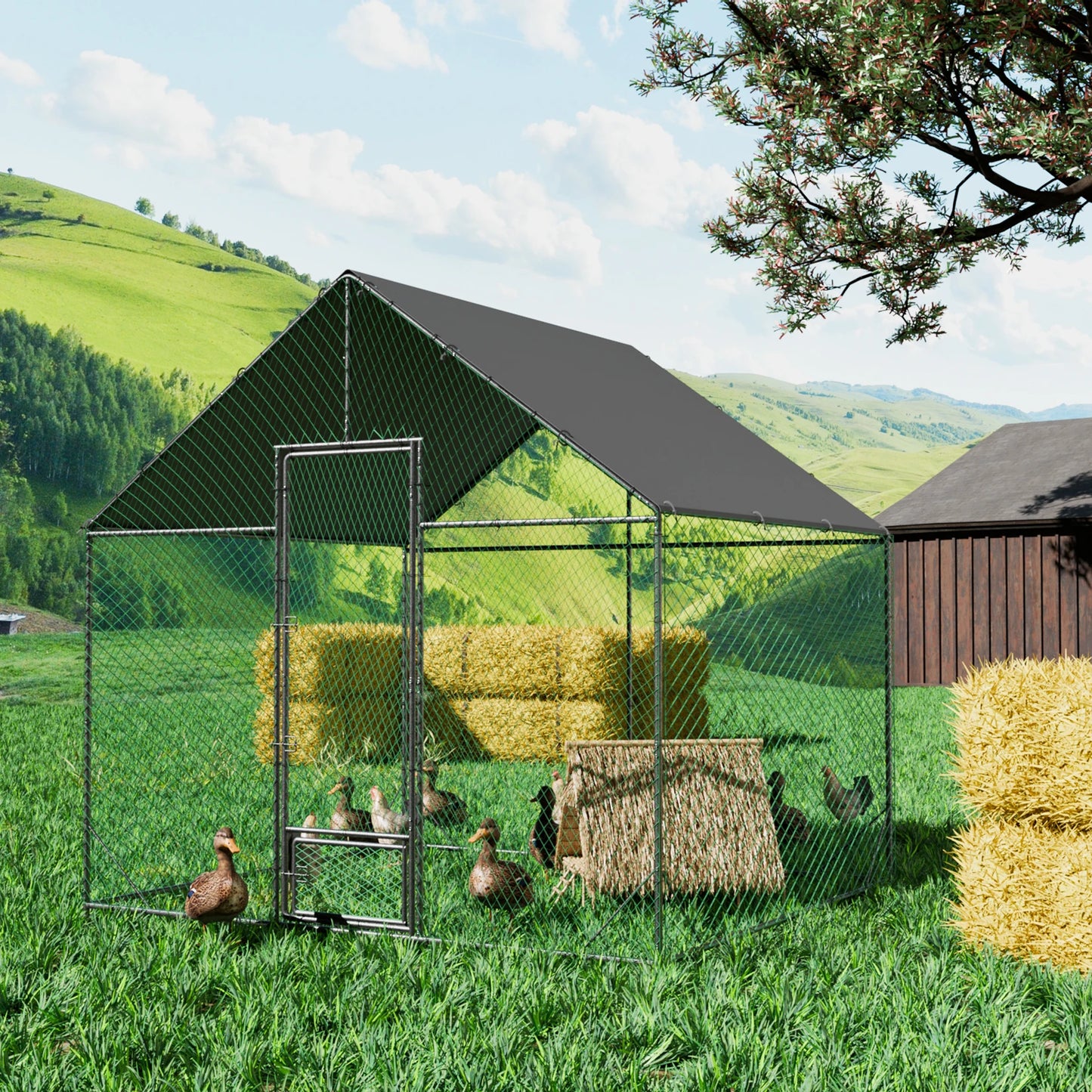 Upgraded Heavy Duty Metal Chicken Coop with Cover and Netting