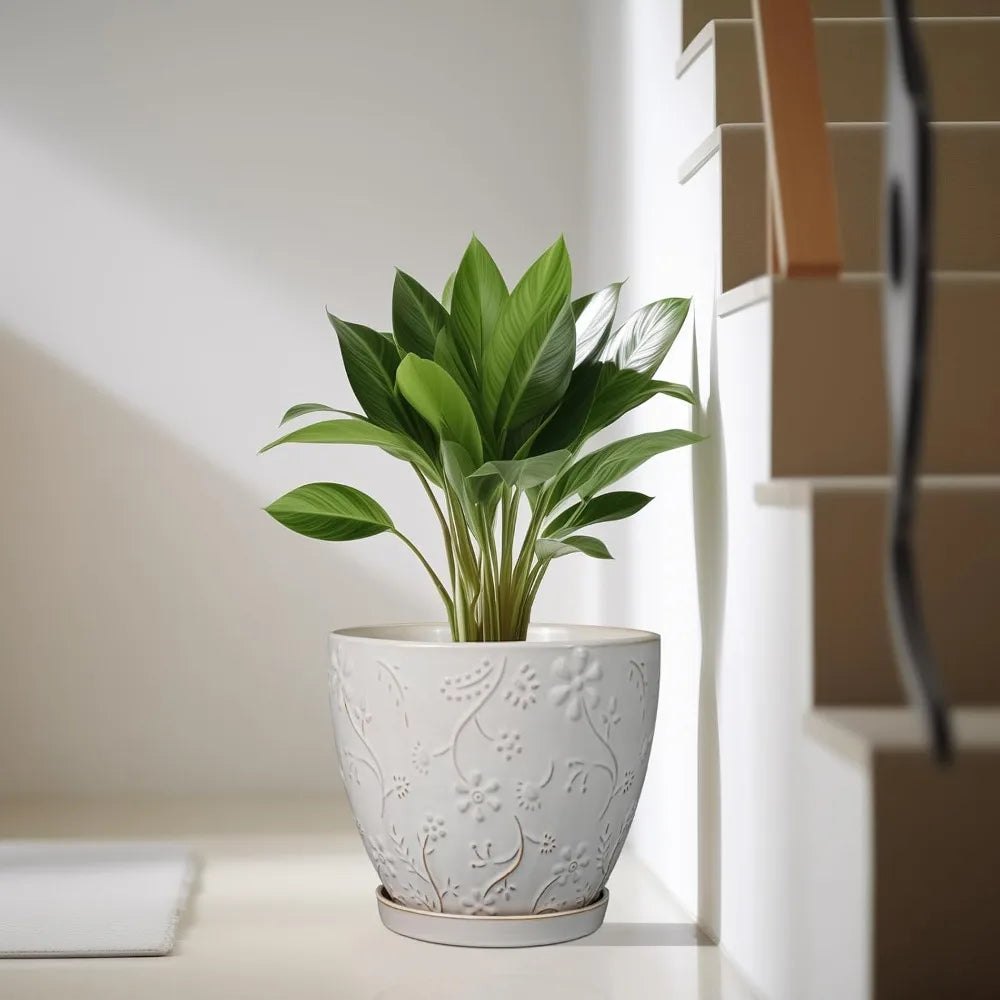 Large Round Ceramic Planter Pot with Drainage Hole and Saucer