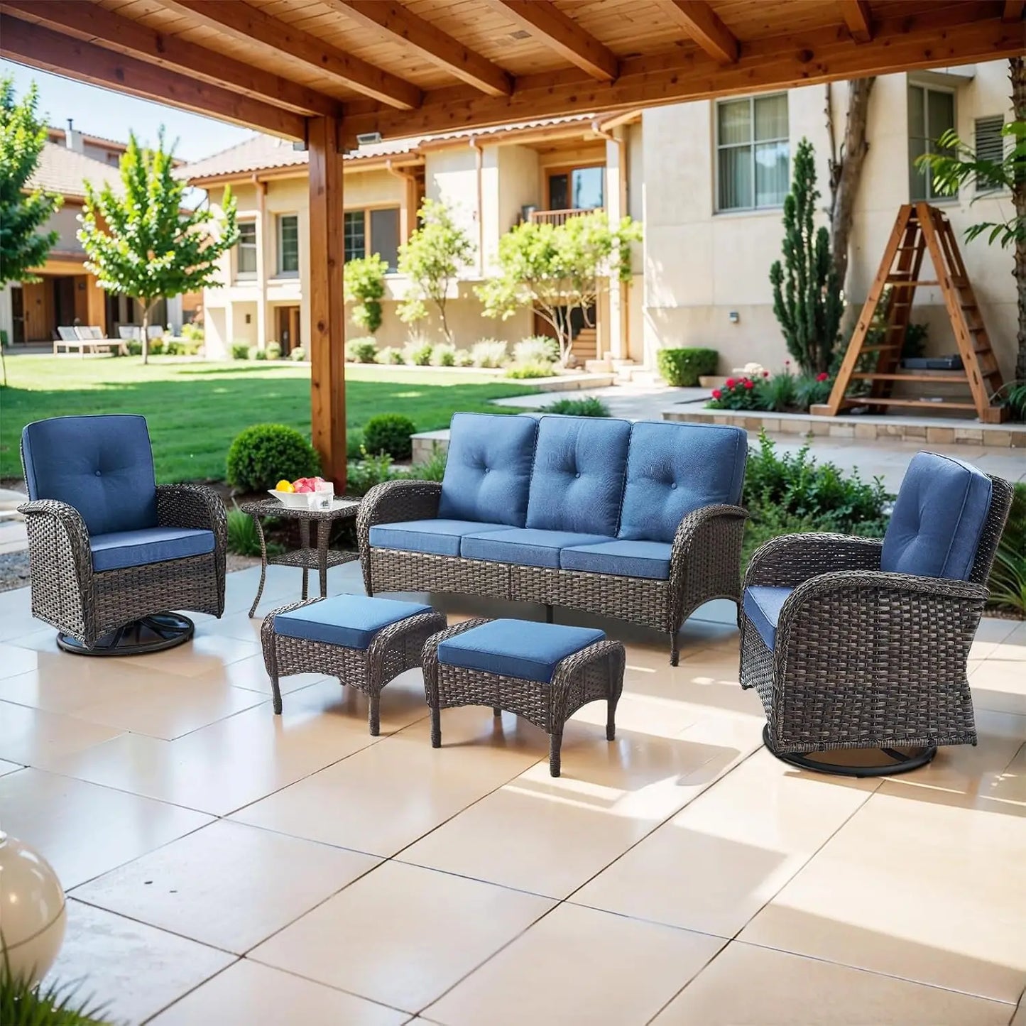 Modern Wicker Patio Conversation Set with Swivel Rocker Chairs
