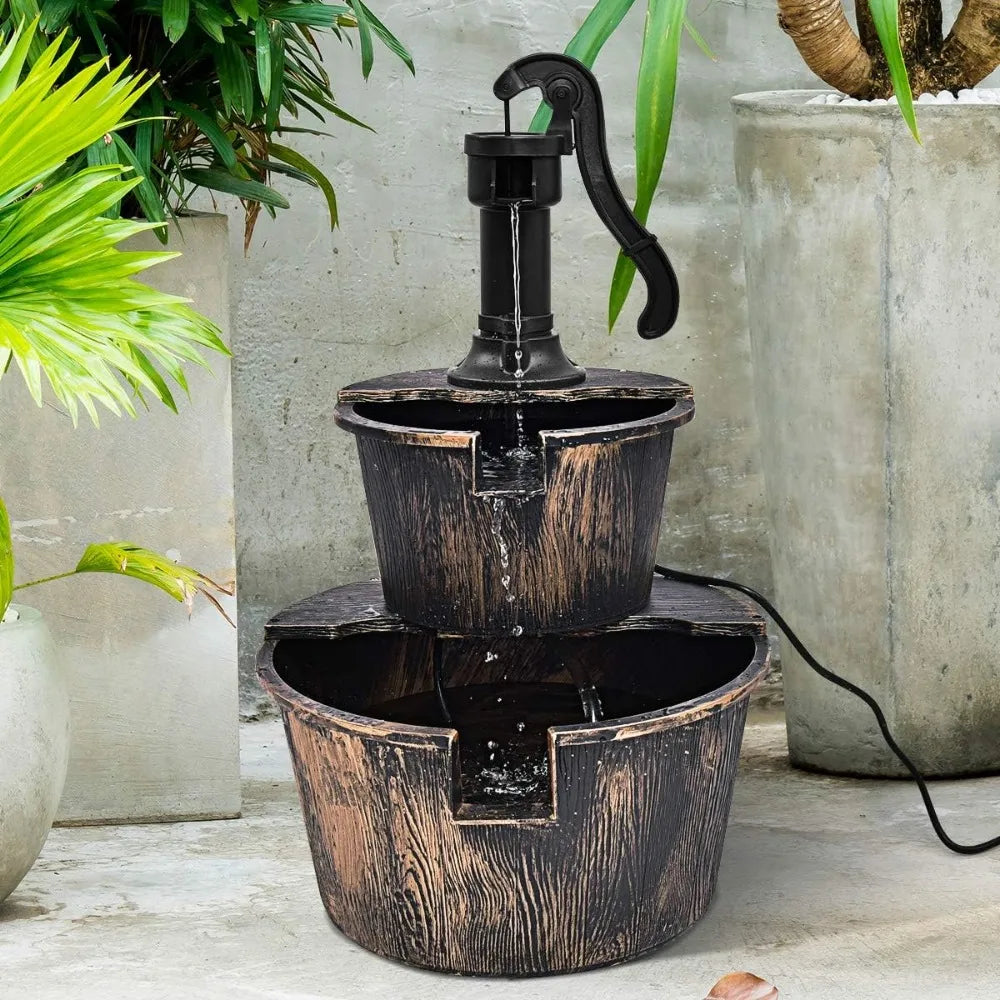 Outdoor Tiered Barrel Water Fountain for Garden Decor